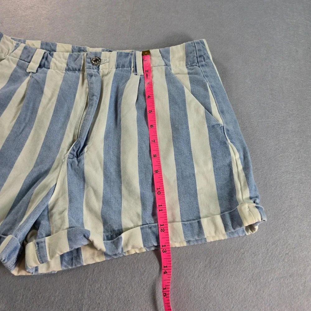 Blue & White Nautical Striped High-Waisted Pleated Grandma Denim Shorts 29